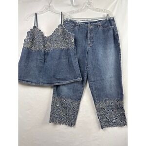 Venezia Jeans Denim Set Women 18 Blue Eyelet Embroidered Cami Top Crop Pants